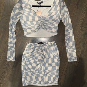 Blue and White Geometric Crop Top and Skirt Set